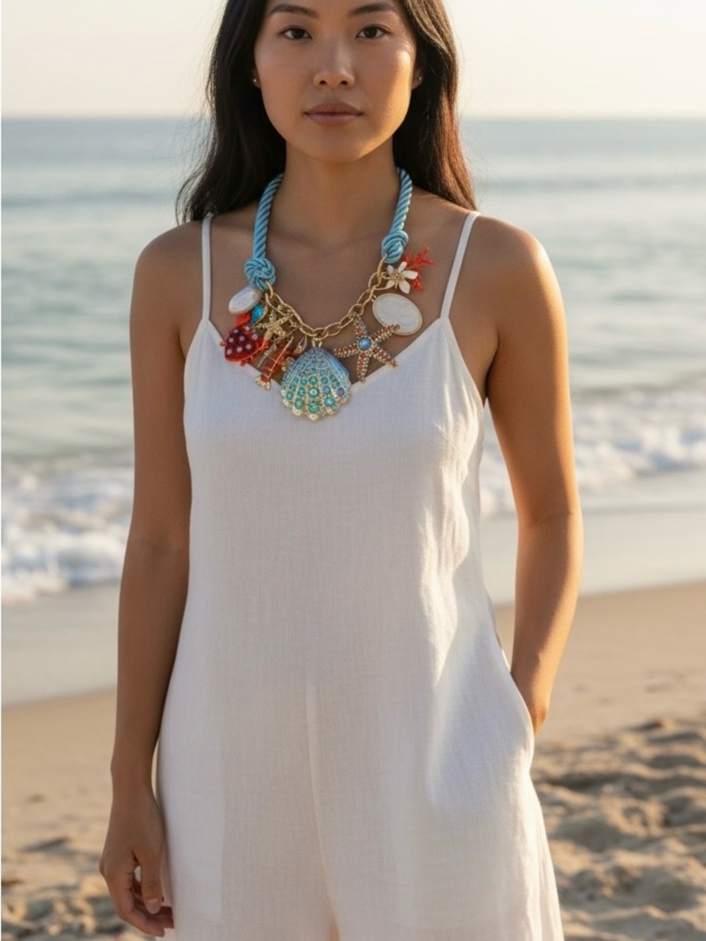 Betsey Johnson Blue Rope Necklace with Coral, Red and Iridescent Sea Charms - Picture 3 of 16